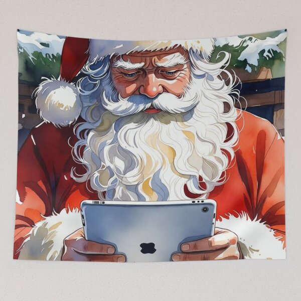Item preview, Santa Claus with Blue iPad - Modern Christmas Watercolor Art designed and sold by Pioneer Spirit Market.