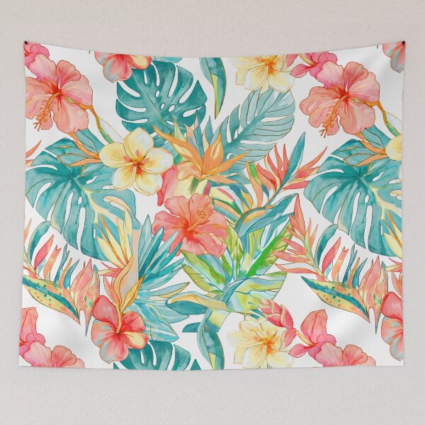 Item preview, Hawaiian Watercolor Floral n Foliage Peach Orange Teal  Monstera designed and sold by PixDezines.