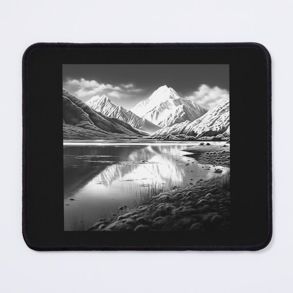 Item preview, Black and White Snowy Mountain Lake Reflection Art designed and sold by inkoutninja.