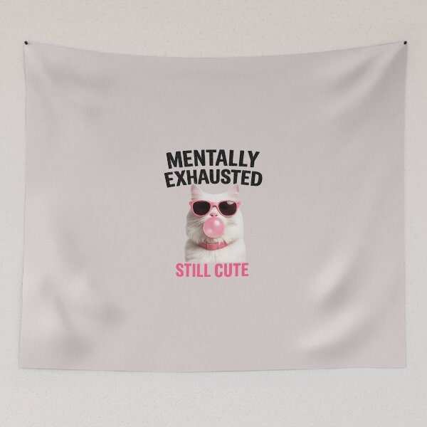 Item preview, Mentally Exhausted Still Cute Funny White Cat Meme - Sarcastic Cat Lover Gift designed and sold by PrintAura15.