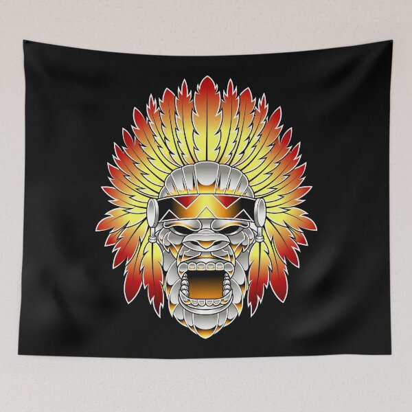 Item preview, Roaring Metallic Gorilla Wearing Feather Headdress designed and sold by Lexkon Liu's art.