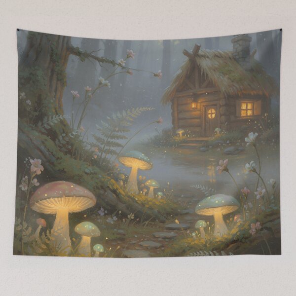 Item preview, Enchanted Forest Cottage Fantasy Art Glowing Mushrooms Cozy Fairycore Landscape designed and sold by cr6zym1nd.