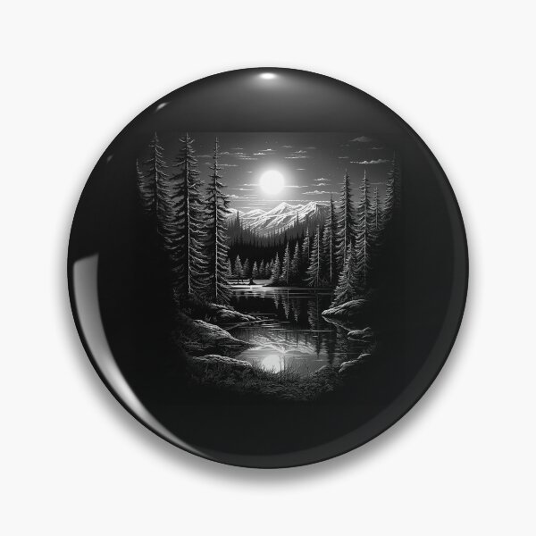 Item preview, Black and White Moonlit Pine Forest Lake Landscape designed and sold by inkoutninja.