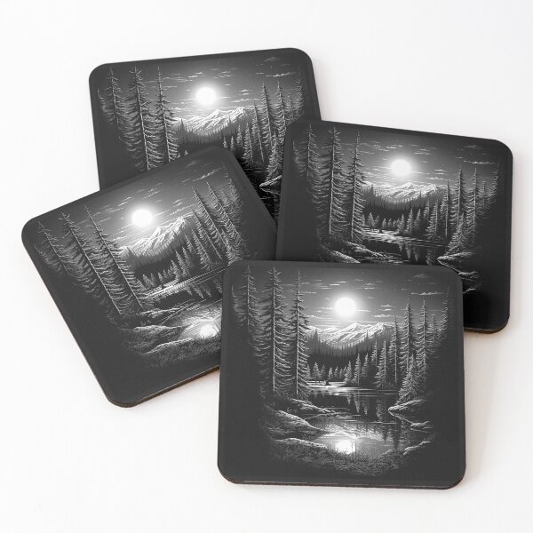 Item preview, Black and White Moonlit Pine Forest Lake Landscape designed and sold by inkoutninja.