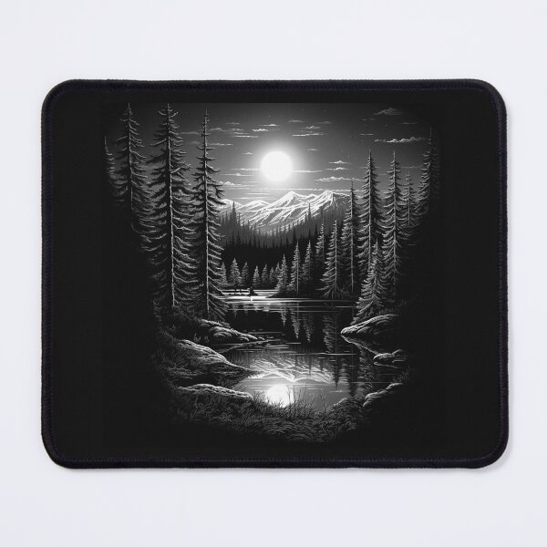 Item preview, Black and White Moonlit Pine Forest Lake Landscape designed and sold by inkoutninja.