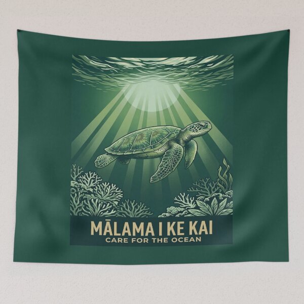 Item preview, Mālama I Ke Kai Care for the Ocean — Hawaiian Green Sea Turtle Honu Conservation Art Print Threads series. designed and sold by MālamaThreads.