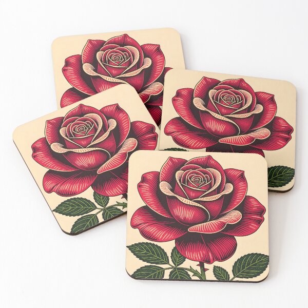 Item preview, A close-up of a single red rose woodcut print designed and sold by Ponted.
