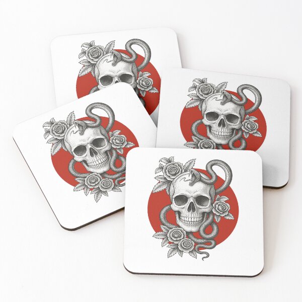 Item preview, Edgy Tattoo Skull, Serpent and Red Rose Design designed and sold by DAILYNEEDSS.