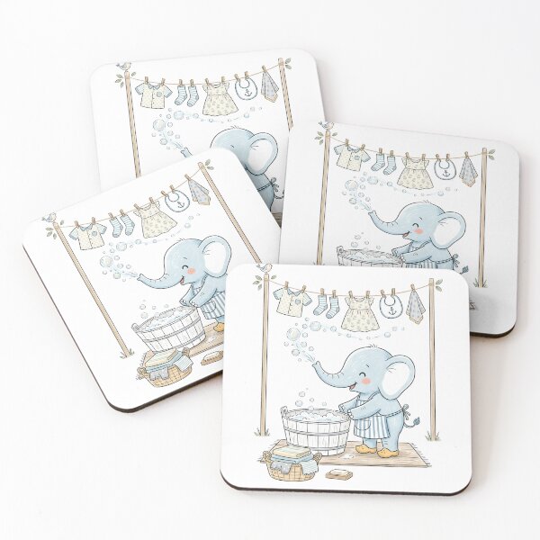 Item preview, Cute Baby Elephant Doing Laundry and Blowing Soap Bubbles Illustration designed and sold by TaiwanMemory.