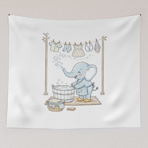 Item preview, Cute Baby Elephant Doing Laundry and Blowing Soap Bubbles Illustration designed and sold by TaiwanMemory.