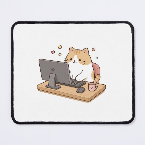 Item preview, Cute Orange Cat Working on Computer Kawaii Ginger Kitty Office Desk Illustration designed and sold by NoopnyangStudio.