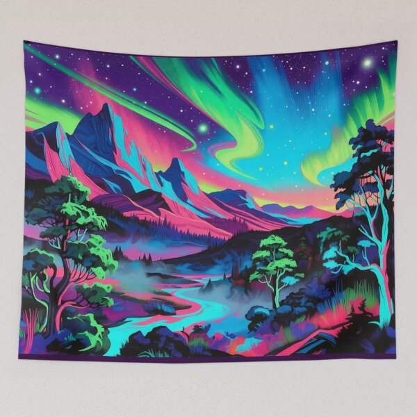 Item preview, Psychedelic Neon Northern Lights Mountain Landscape designed and sold by Nexus Space.
