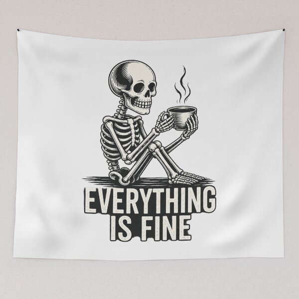 Item preview, Skeleton sitting and drinking coffee – Fun design for exhausted coffee lovers designed and sold by FusiTink.