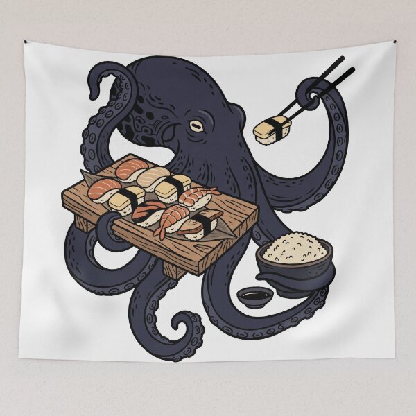 Item preview, Cute Octopus Enjoying Sushi Feast Illustration designed and sold by seven things shop.