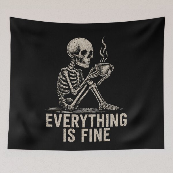 Item preview, Skeleton sitting and drinking coffee – Fun design for exhausted coffee lovers. Dark background version designed and sold by FusiTink.
