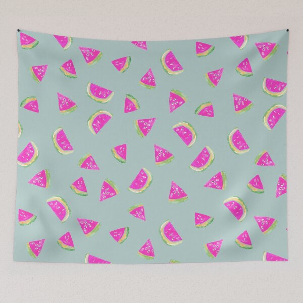 Item preview, Hand Painted Watercolor Pink Watermelon  on blue - Patterned designed and sold by aneladesigns.