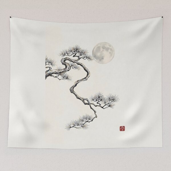 Item preview, ​Tranquil Moon and Majestic Pine - Minimalist Zen Ink Painting designed and sold by SOOstudio73.