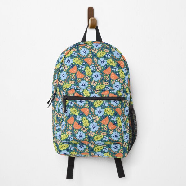 Item preview, Bold Folk Floral Pattern Orange Tulip Blue Flowers Green designed and sold by Zaya_art.