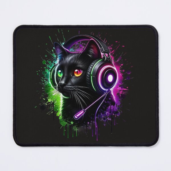 Item preview, Gaming Black Cat Neon Headset Art, RGB Gamer Cat, Cute Cyberpunk Cat Illustration, Esports Gaming Gift designed and sold by gkhanco.