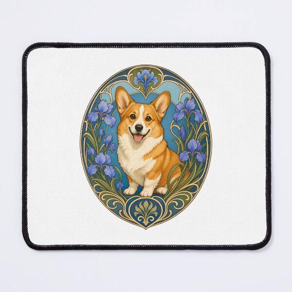 Item preview, Happy Corgi Dog Art Nouveau Iris Floral Art designed and sold by AntiqueImages.