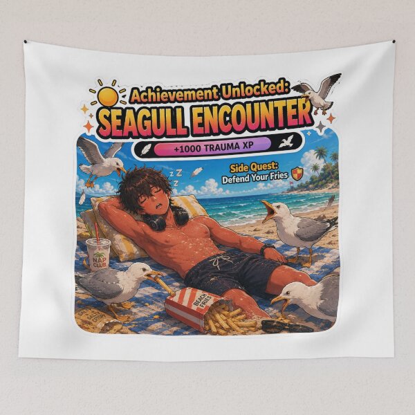 Item preview, Achievement Unlocked Seagull Encounter – Anime Gamer Napping While Seagulls Steal Beach Fries designed and sold by DailyStruggleCo.