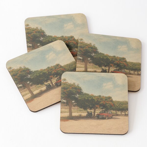 Item preview, ​Vintage Red Car Under Blooming Trees designed and sold by LaylaArtStudio.