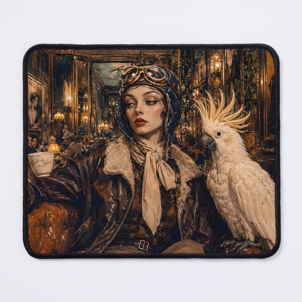 Item preview, The Aviatrix's Café – Vintage Pilot with White Parrot | Art Deco Editorial Illustration designed and sold by Vibranta Studio.