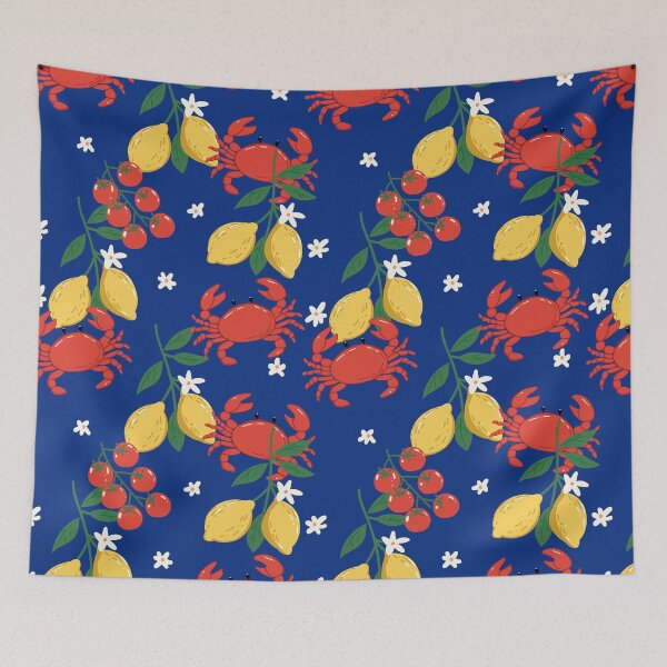 Item preview, Lemons, Tomatoes & Crabs on Blue Pattern – Mediterranean Coastal Table DesignLemons Tomatoes Crabs on Blue Pattern – Mediterranean Coastal Design designed and sold by EmeraldeaArt.