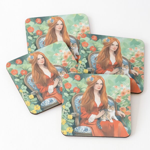Item preview, Cottagecore Red Hair Lady and Calico Cat in Sunlit Garden designed and sold by UmSkelig834.