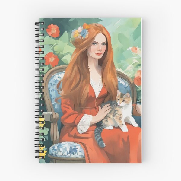 Item preview, Cottagecore Red Hair Lady and Calico Cat in Sunlit Garden designed and sold by UmSkelig834.