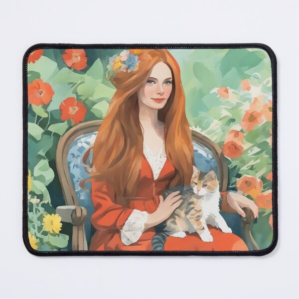 Item preview, Cottagecore Red Hair Lady and Calico Cat in Sunlit Garden designed and sold by UmSkelig834.