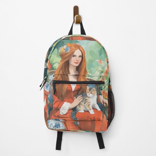 Item preview, Cottagecore Red Hair Lady and Calico Cat in Sunlit Garden designed and sold by UmSkelig834.