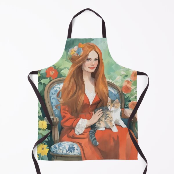 Item preview, Cottagecore Red Hair Lady and Calico Cat in Sunlit Garden designed and sold by UmSkelig834.