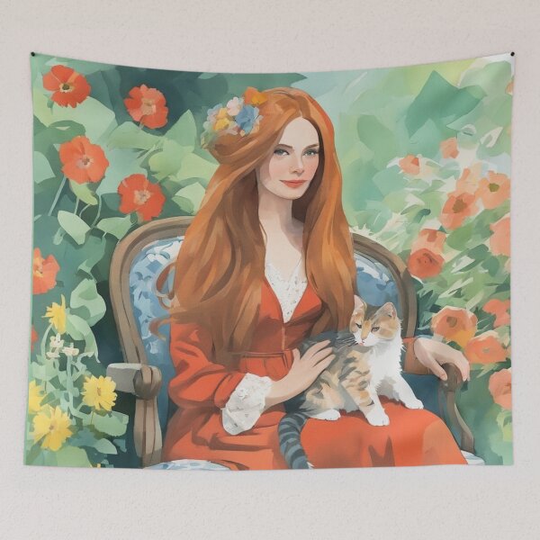 Item preview, Cottagecore Red Hair Lady and Calico Cat in Sunlit Garden designed and sold by UmSkelig834.