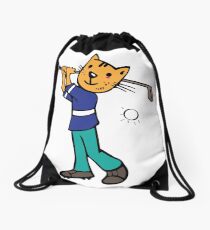 Cat playing golf Drawstring Bag