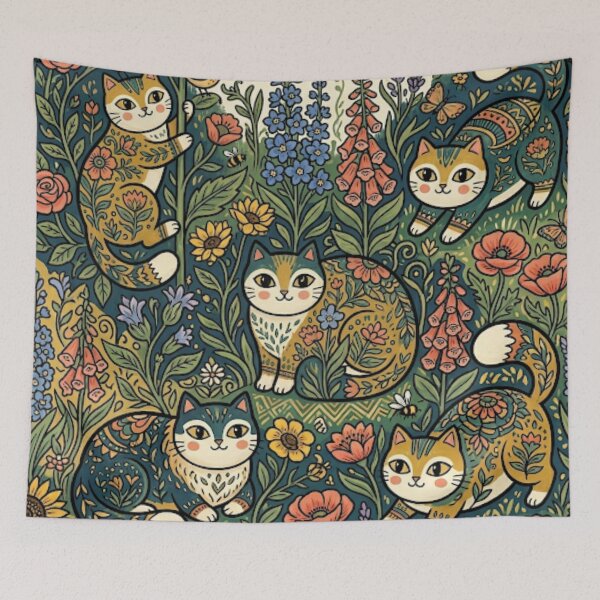 Item preview, Whimsical Folk Art Cats in a Cottage Garden designed and sold by Iampoji.