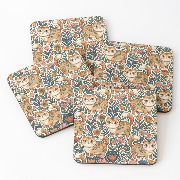Item preview, Cute Cottagecore Folk Art Cats Floral Pattern designed and sold by Iampoji.