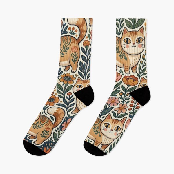 Item preview, Cute Cottagecore Folk Art Cats Floral Pattern designed and sold by Iampoji.
