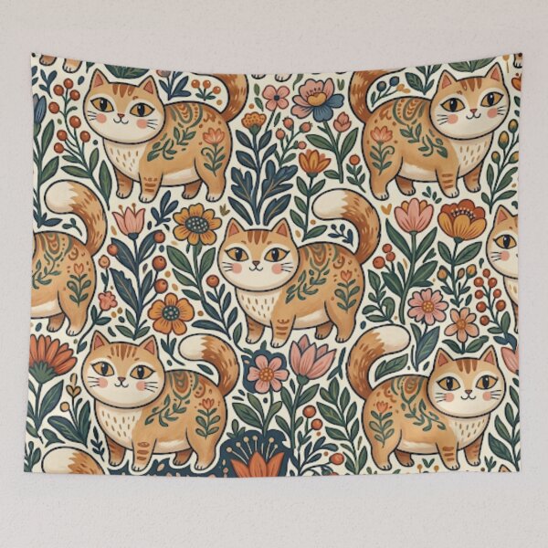 Item preview, Cute Cottagecore Folk Art Cats Floral Pattern designed and sold by Iampoji.
