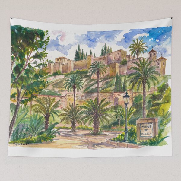 Item preview, Sunlit Málaga Gardens Beneath the Timeless Alcazaba Fortress Walls designed and sold by artshop77.