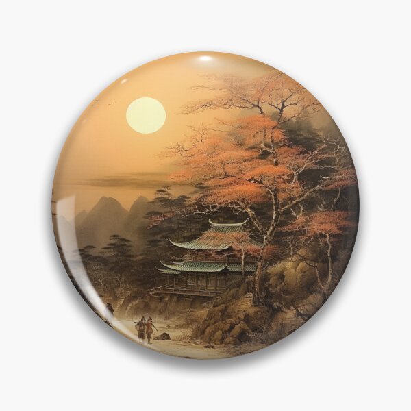 Item preview, Traditional Japanese Illustration - People Walking in a Dry Riverbed Near an Ancient Pagoda designed and sold by DaisukiTokyo.