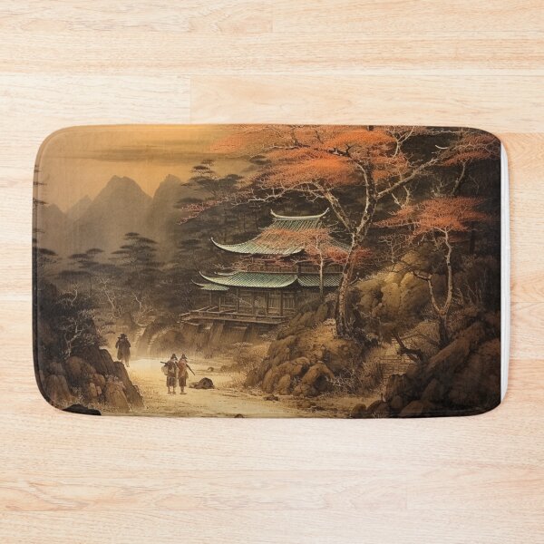 Item preview, Traditional Japanese Illustration - People Walking in a Dry Riverbed Near an Ancient Pagoda designed and sold by DaisukiTokyo.