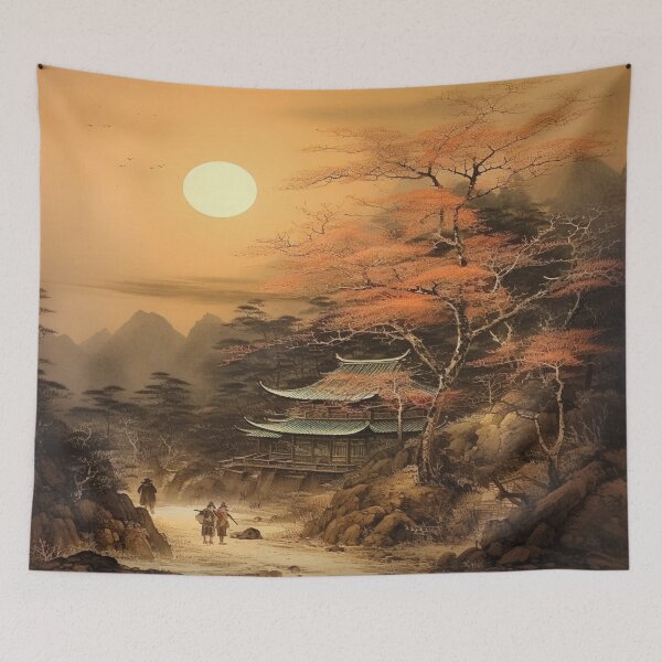 Item preview, Traditional Japanese Illustration - People Walking in a Dry Riverbed Near an Ancient Pagoda designed and sold by DaisukiTokyo.