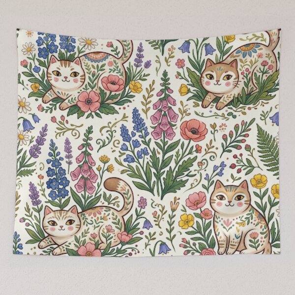 Item preview, Spring Meadow Cats Floral Pattern designed and sold by Iampoji.