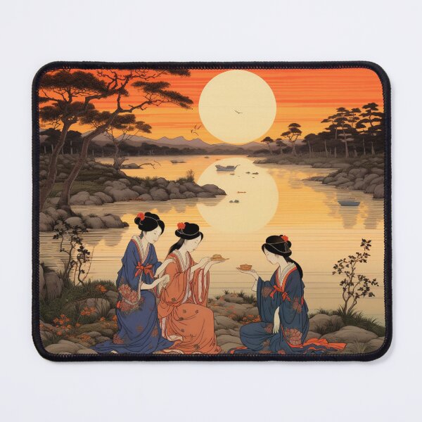 Item preview, Traditional Japanese Illustration - Three Geishas Practicing Tea Pouring on a Riverbank designed and sold by DaisukiTokyo.