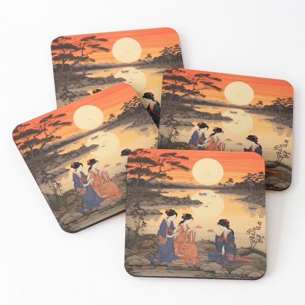 Item preview, Traditional Japanese Illustration - Three Geishas Practicing Tea Pouring on a Riverbank designed and sold by DaisukiTokyo.