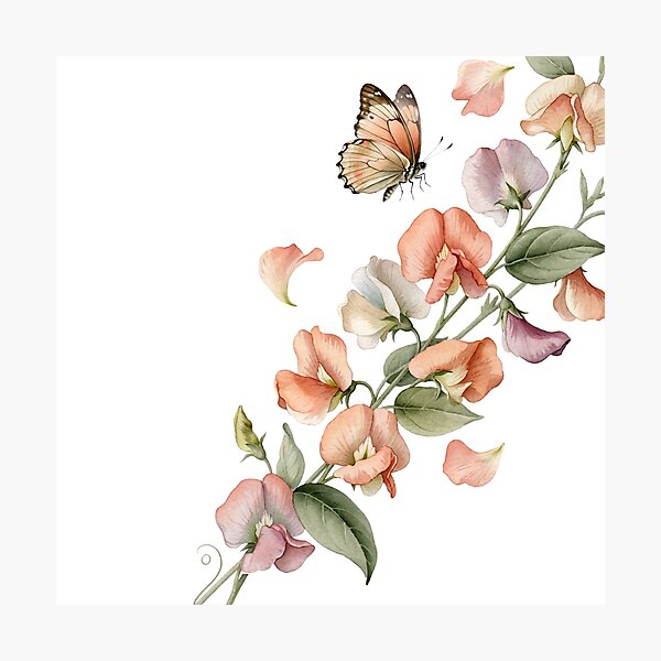 Item preview, Butterfly and Sweet Peas — Soft Pastel Watercolor Floral Art designed and sold by DreamelleStudio.