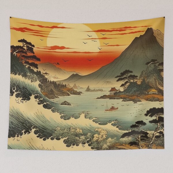 Item preview, Traditional Japanese Illustration - Strong Waves in the River at Sunset designed and sold by DaisukiTokyo.
