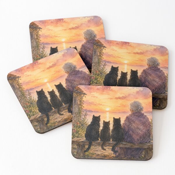 Item preview, Elderly Woman and Black Cats Watching Sunset Watercolor designed and sold by Pioneer Spirit Market.