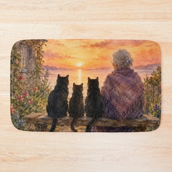 Item preview, Elderly Woman and Black Cats Watching Sunset Watercolor designed and sold by Pioneer Spirit Market.